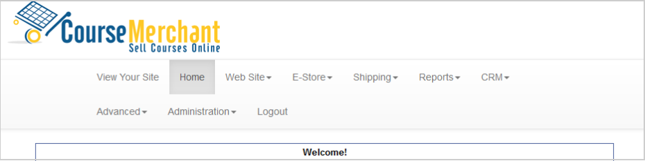 The Course Merchant admin homepage showing the Home button