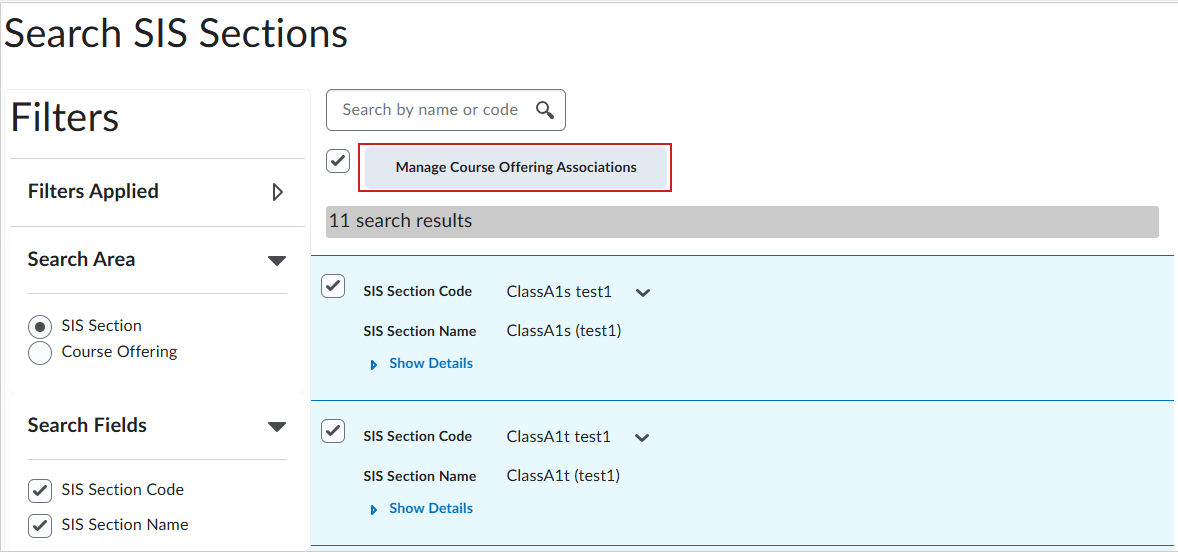 The Search SIS Sections page of IPSIS Section Association with Manage Course Offering Associations highlighted.