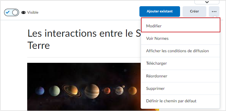 Le menu Options comprend le bouton Modifier d'un module.