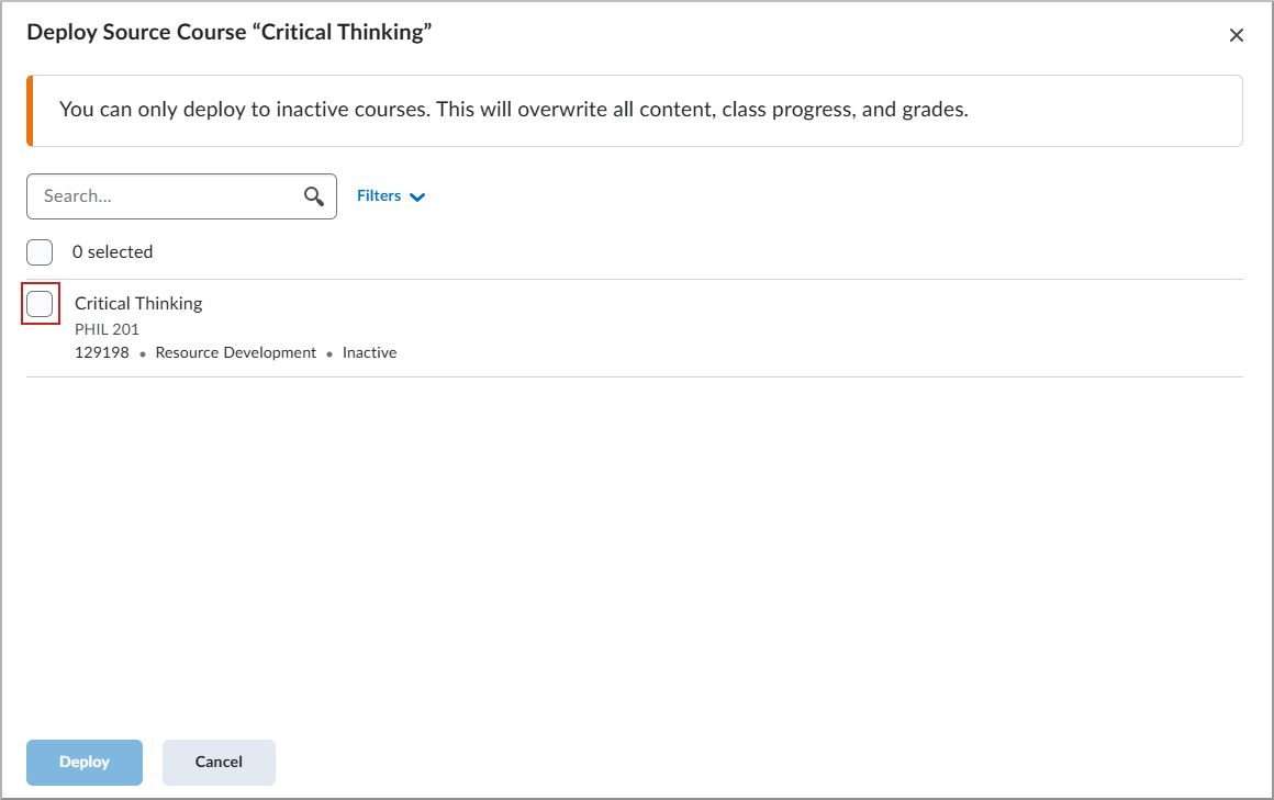 Deploy Source Course screen.