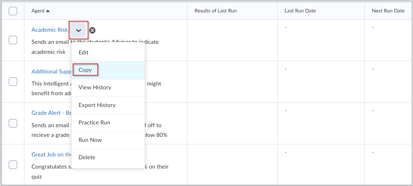 The Context Menu of an intelligent agent with the Copy option highlighted.