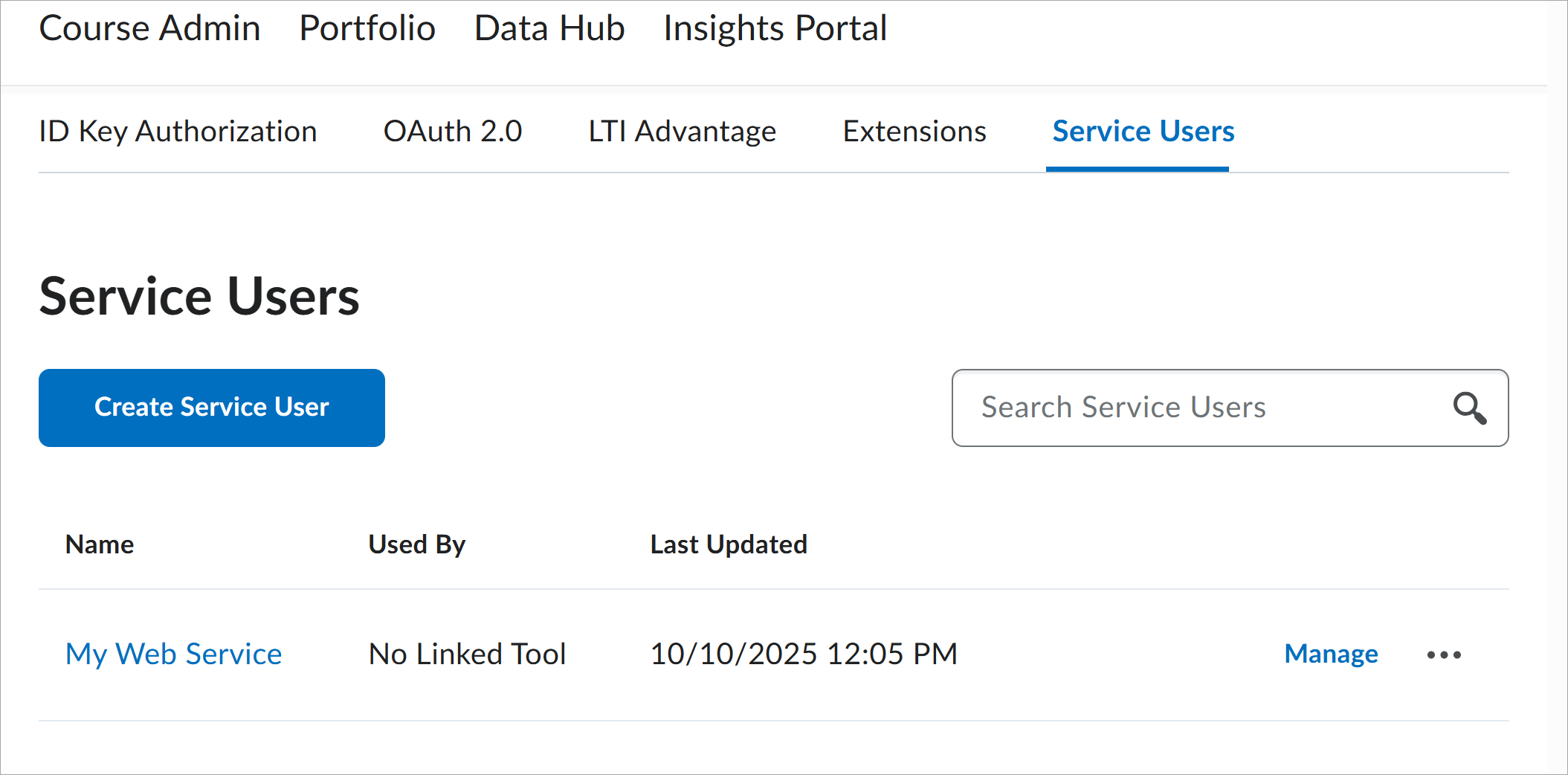 New Service Users page under the Manage Extensibility tab.