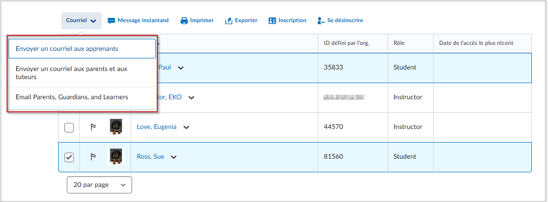 Le menu déroulant Courriel développé montrant l’option Envoyer un courriel aux parents et aux tuteurs