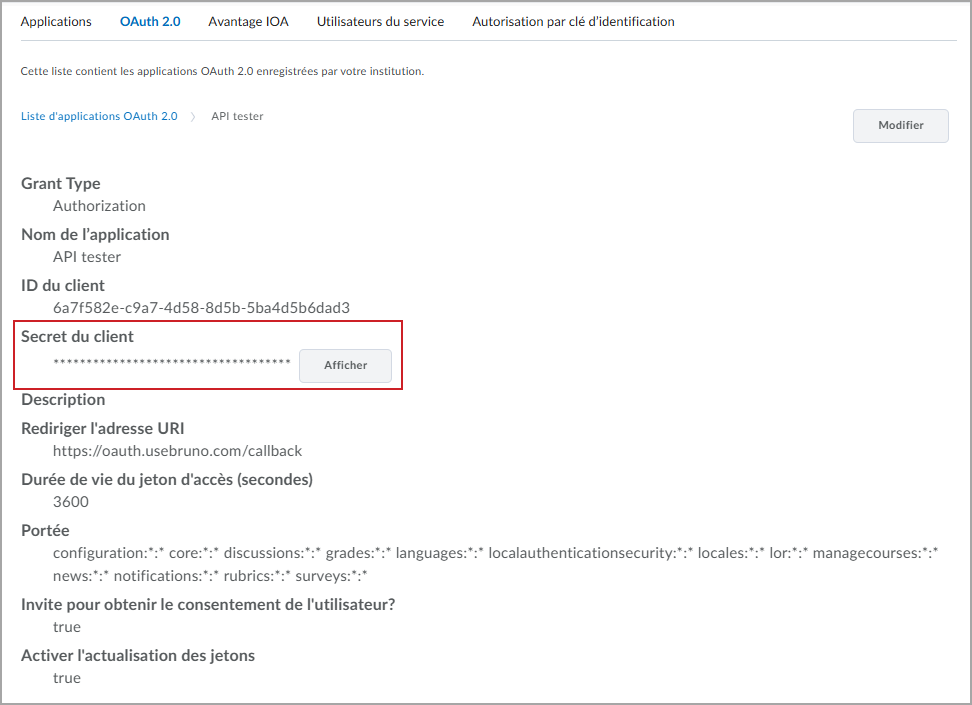 Détails de l'enregistrement de l'application OAuth 2.0, où le secret du client est masqué et un bouton Afficher est présent.