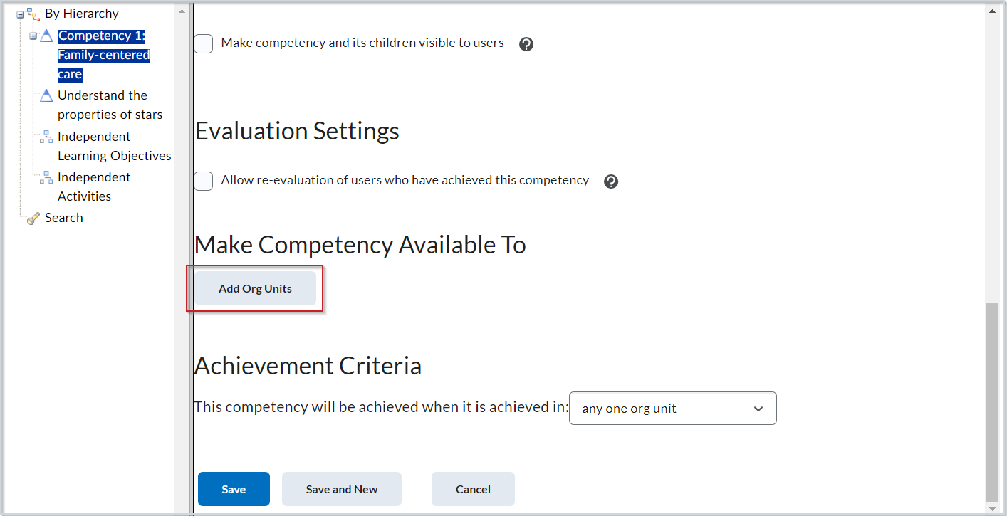 The Edit Competency dialog of an org-unit competency with the Add Org Units button highlighted.