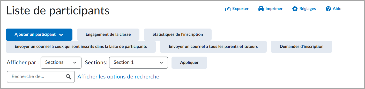 Une page avec la liste de participants affichant le filtre Afficher par définit sur Groupes, avec un menu de groupe déroulant et un bouton Appliquer visible au-dessus de la liste.