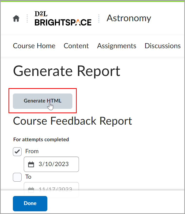 The Generate HTML button highlighted in the Generate Report window