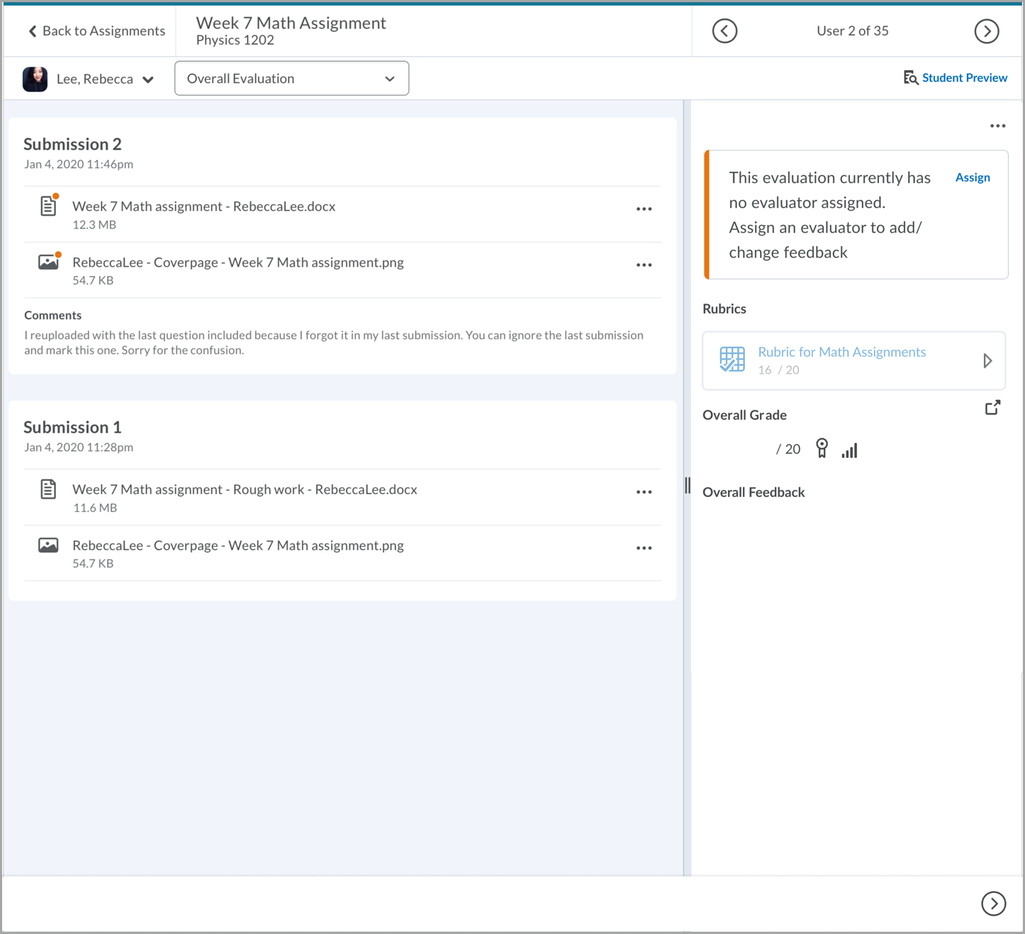 Exemplo de uma mensagem de aviso quando uma atividade não tem avaliador atribuído.