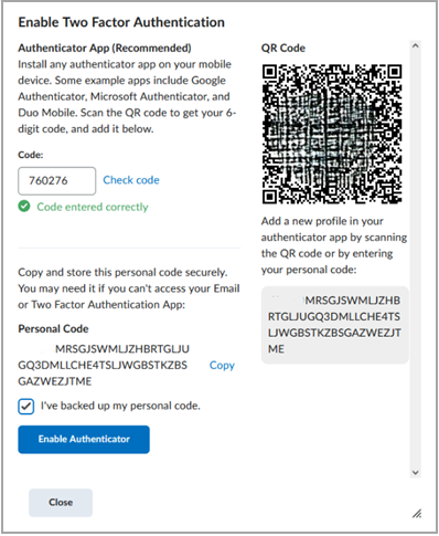 The Enable Two Factor Authentication authenticator app set up window appears