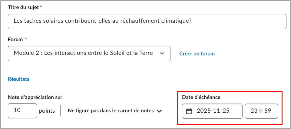 Nouvel écran Sujet dans lequel la date d'échéance de la première publication est mise en évidence.