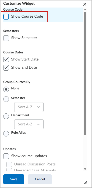 Customize Widget screen showing all the available settings and Show Course Code highlighted.