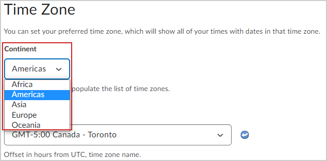 The Continent drop-down menu.