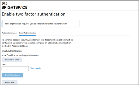 The Enable two factor authentication screen displays the Email Authentication tab
