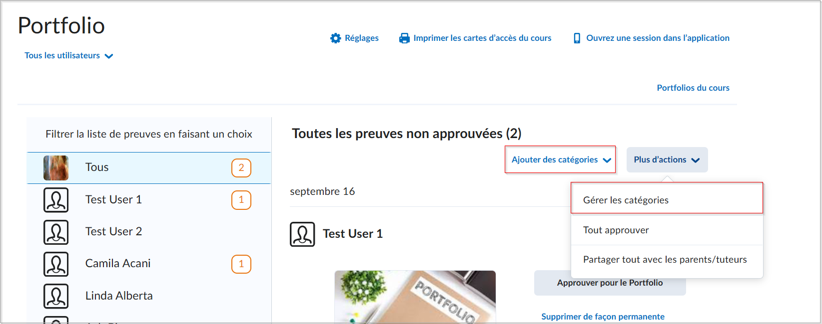 La page mise à jour Toutes les preuves non approuvées, qui affiche l’option renommée Ajouter des catégories.