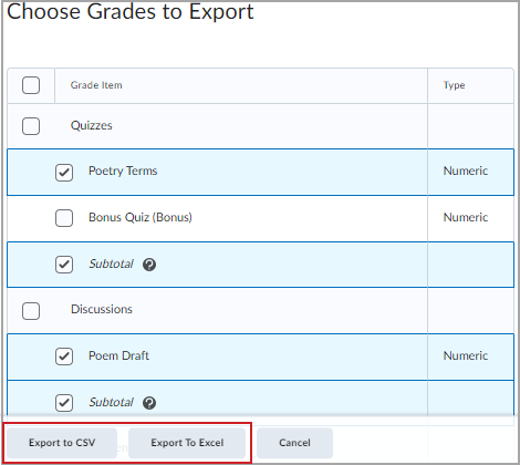 Os botões Exportar para CSV ou Exportar para Excel.