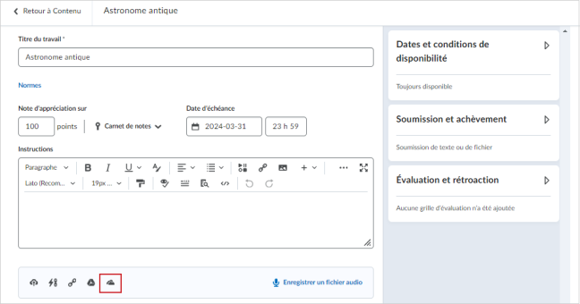 La page Nouveau travail avec l’icône Joindre à partir de OneDrive mise en surbrillance.