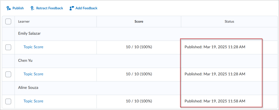 Assess Topic page in Brightspace showing feedback status as 'Published' for all learners.