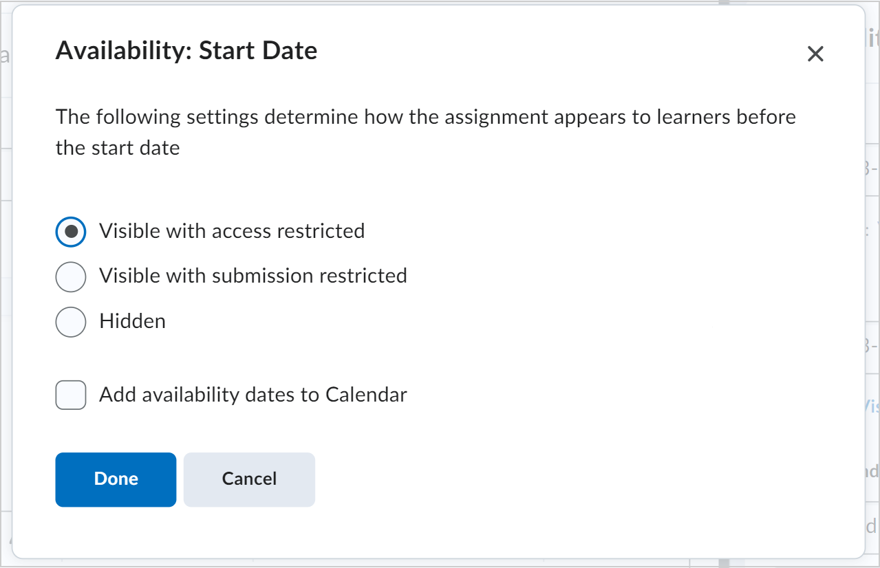 As três opções de disponibilidade de associação são mostradas na caixa de diálogo com a opção de adicionar as datas de disponibilidade ao Calendário.