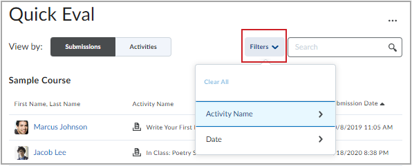 La vue Filtre des soumissions présente les options de filtrage pour une vue au niveau du cours