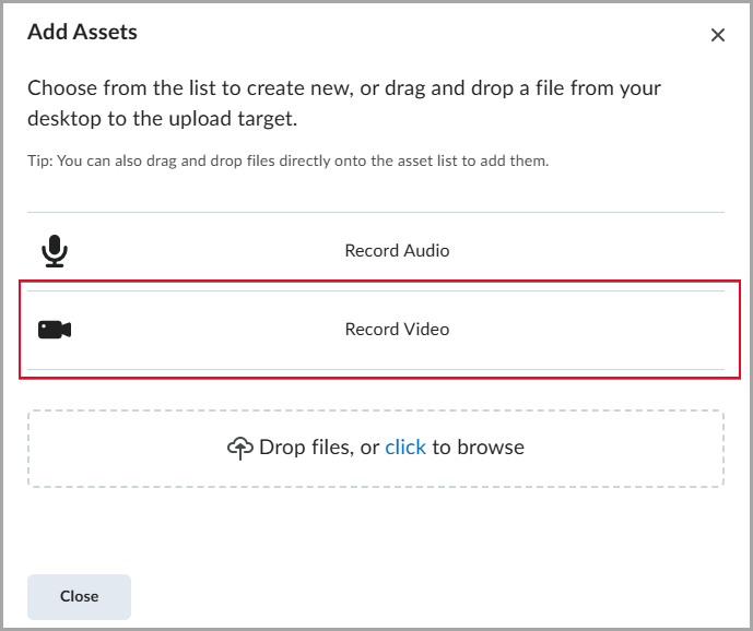 Media Library with the Add drop-down menu showing the Record Webcam option.