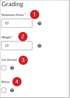 Les propriétés de notation, y compris le nombre maximum de points, le poids, peut dépasser et le bonus.