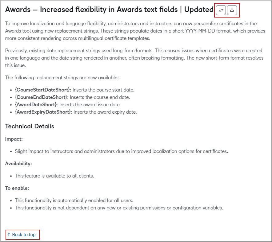 Brightspace Release Note with options to copy or share a direct link and a Back to top link.