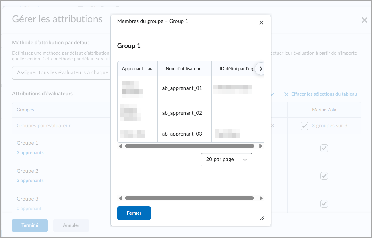 Une fenêtre contextuelle affiche un tableau d’apprenants avec des colonnes pour le nom de l’apprenant, le nom d’utilisateur et l’ID défini par l’organisation, avec des options de pagination et un bouton Fermer.