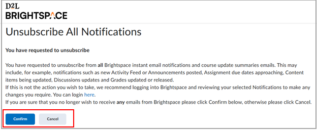 Brightspace®-bevestigingsbericht met de melding dat de gebruiker zich heeft afgemeld voor e-mails met meldingen en cursusupdates.
