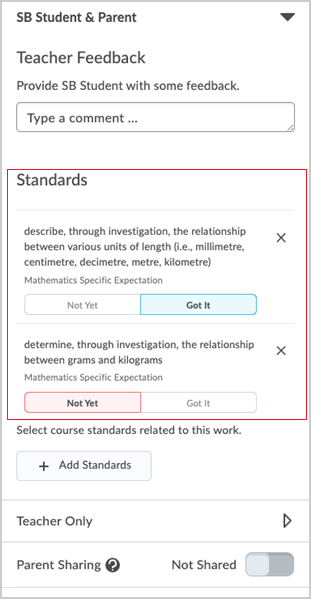 Het gebied Standaarden van Brightspace® Portfolio voor het bewijs toont de normen en niveaus van voltooiing