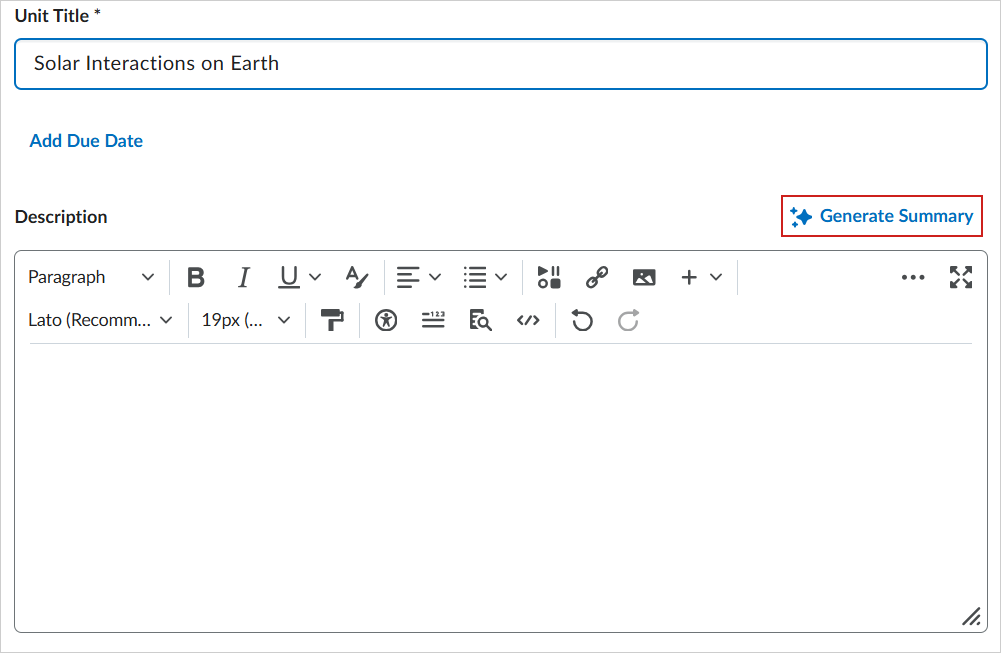The edit page of a course unit called Solar Interactions on Earth. The Generate Summary icon is highlighted.
