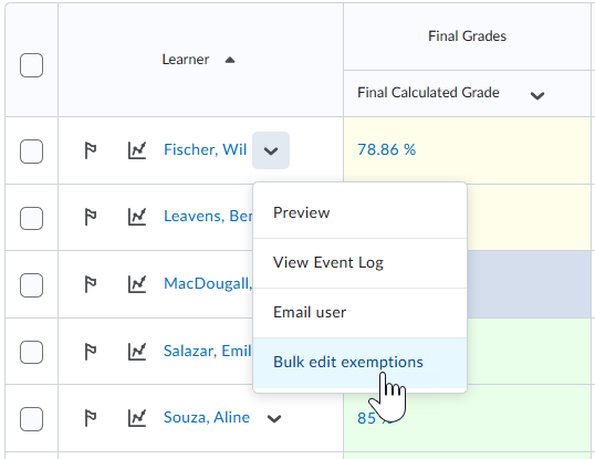 The Bulk edit exemptions option in the Actions drop-down menu in the Grades tool.