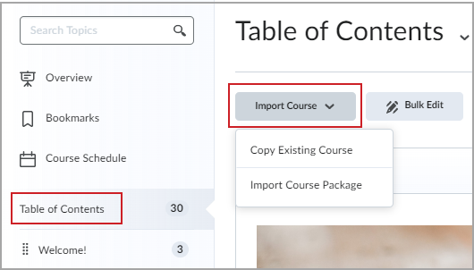 The Import Course drop-down menu in Table of Contents.