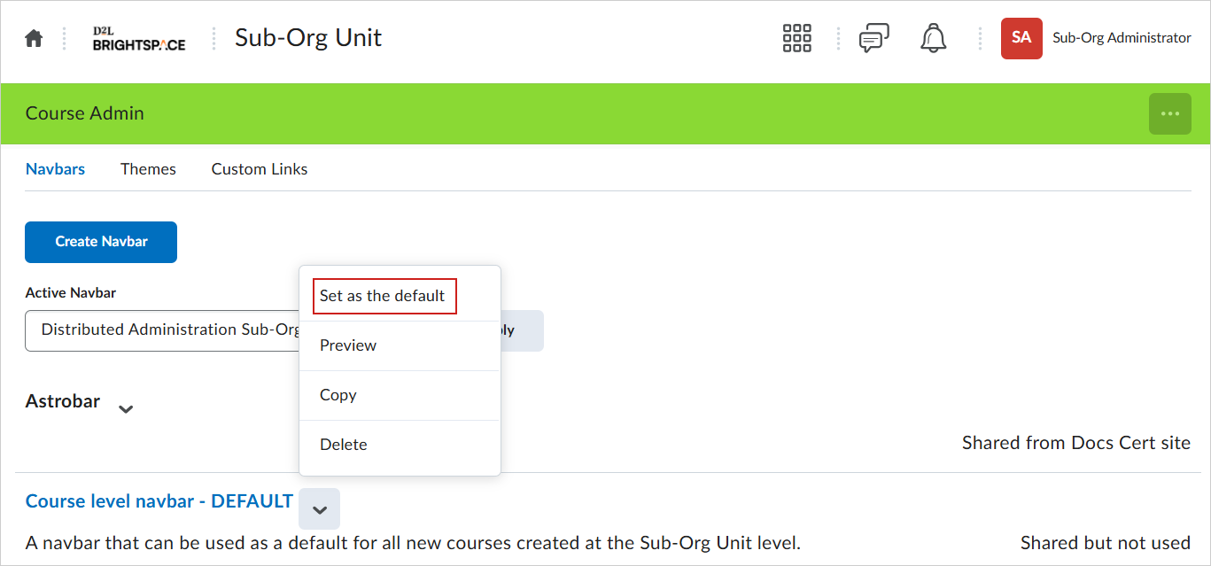 The Actions menu of a newly created navbar layout. The Set as default option is highlighted.