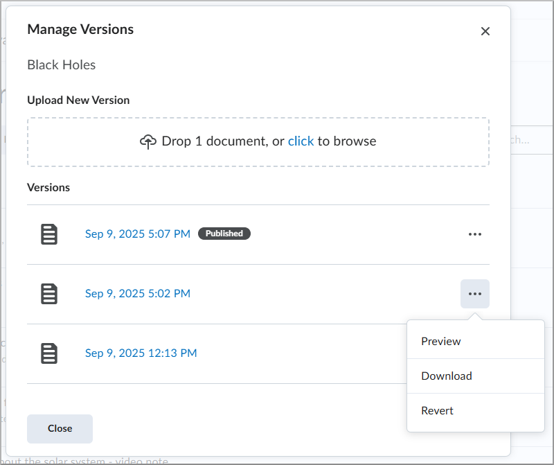 Manage Versions screen.