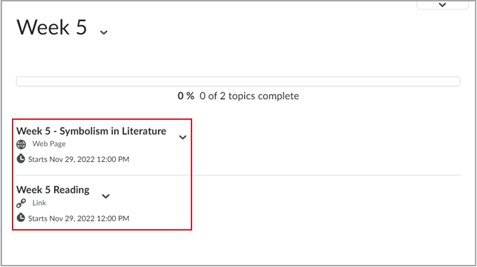 Unavailable Content topics with future start dates.