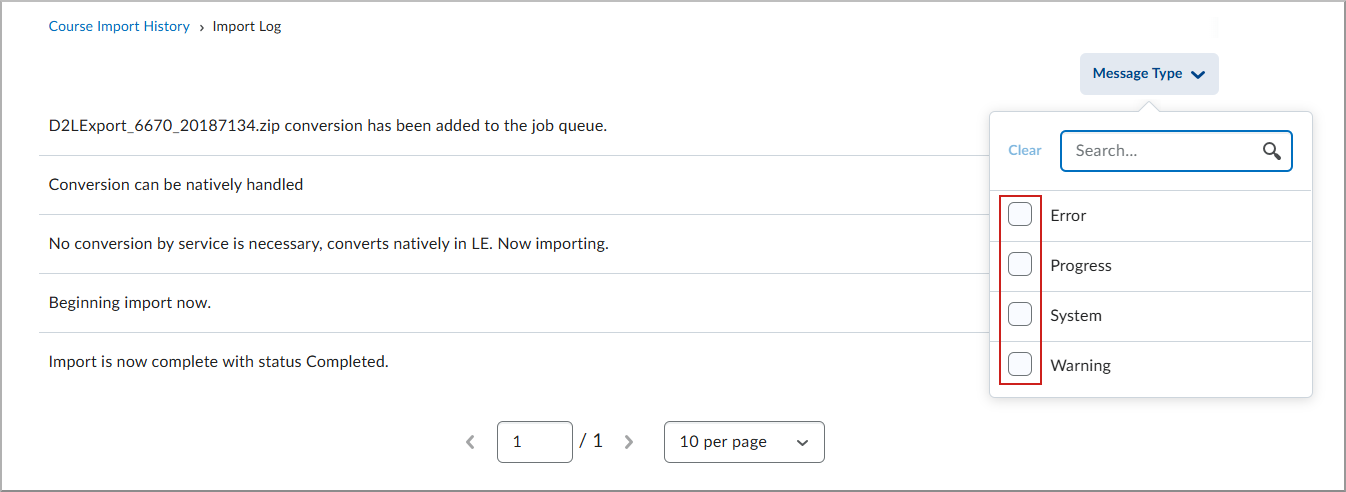 Import Log with capability to filter message types.