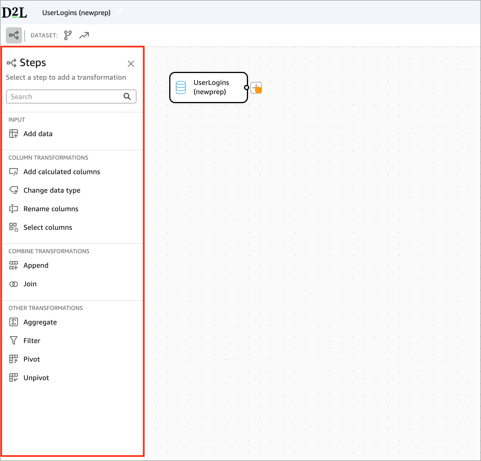 Analytics Builder left pane showing Steps menu with transformation options for dataset preparation.