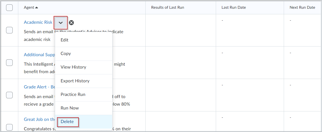 The Context menu for an intelligent agent with the Delete option highlighted.