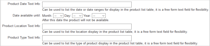 Les champs permettant de modifier la Date du produit et le Tableau du produit.