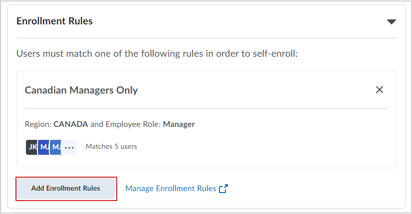 The Add Enrollment Rules button in the Enrollment Rules section.