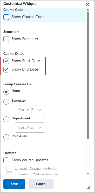 Customize Widget screen with Show Start Date and Show End Date selected.