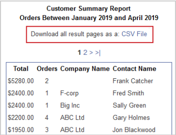 A Customer Summary Report of an order list with the option to download it as a CSV file