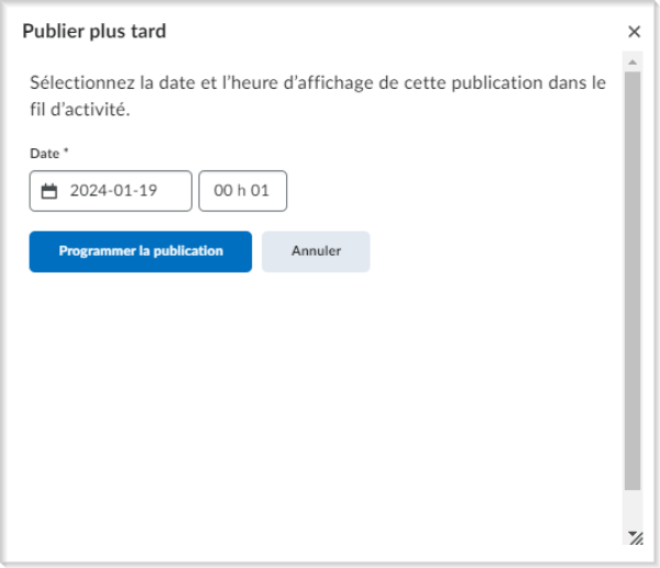 La boîte de dialogue Publier plus tard comprend les champs Date et Heure ainsi que l'option Programmer une publication.