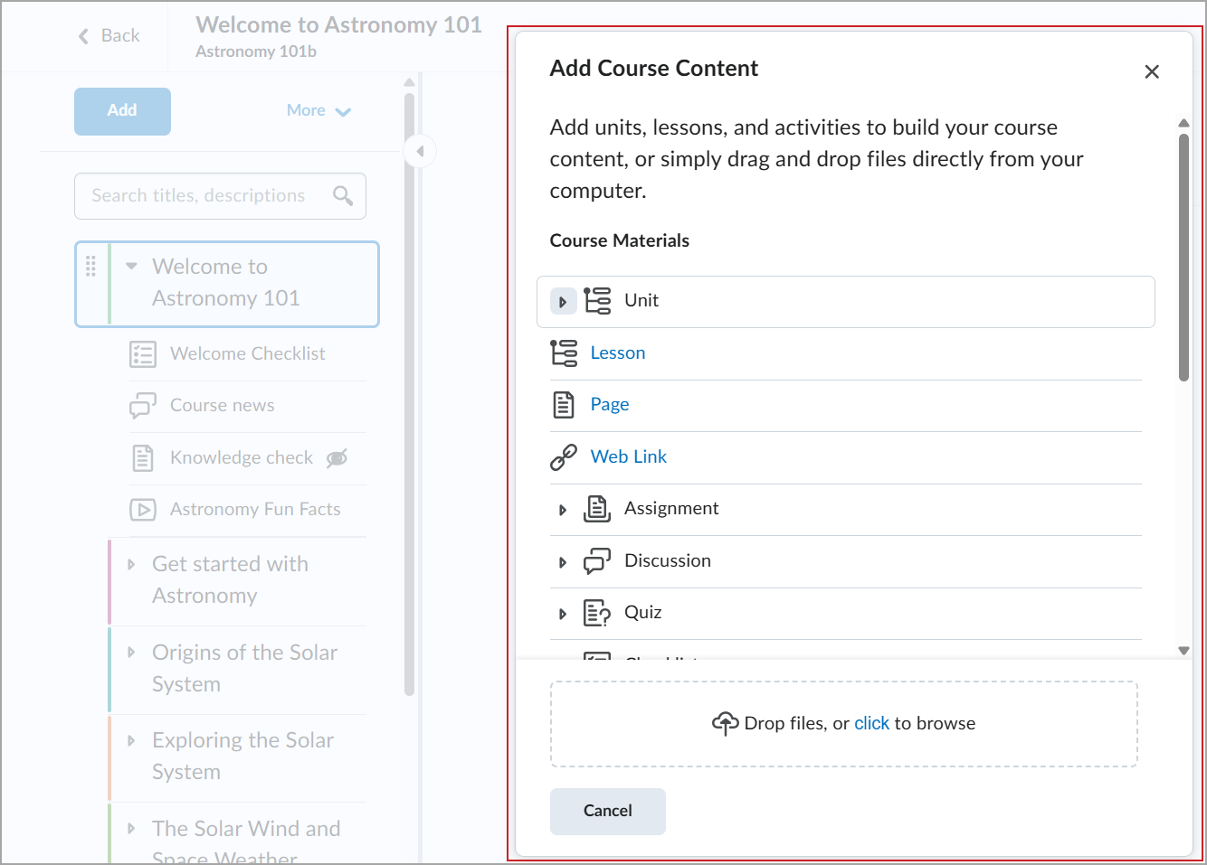 Add Course Content dialog with options to add course materials or upload files