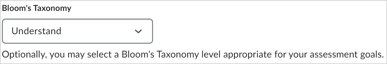 The Bloom's Taxonomy drop-down menu showing the selected option as Understand