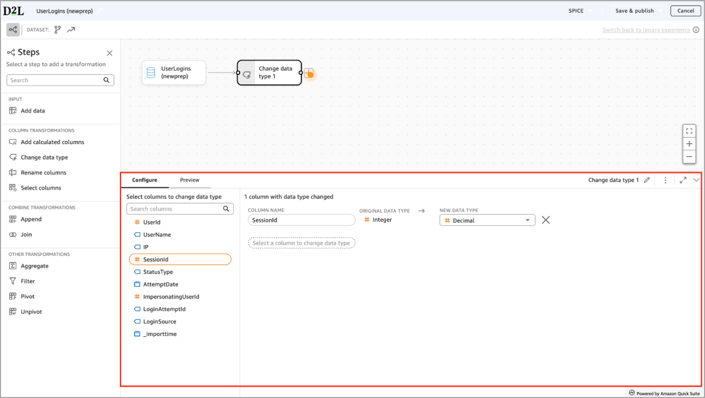 Pestaña Configuración del Generador de Analíticas en la que se muestra la configuración Cambiar tipo de datos para una columna de conjunto de datos seleccionado.