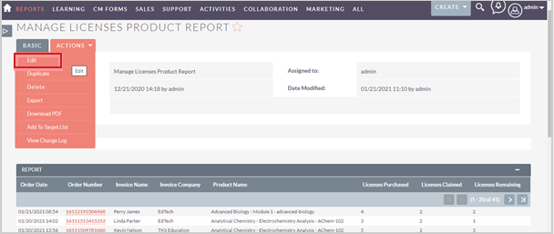 The Actions drop-down menu for a report showing the Edit option