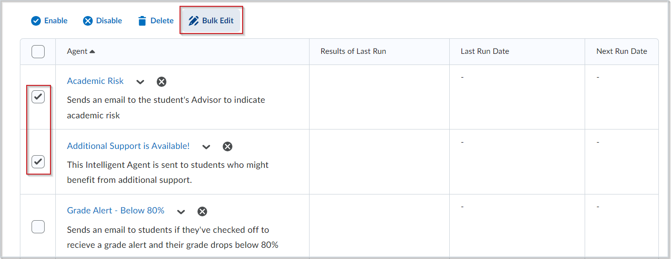 The Agent List table, showing multiple agents selected and the Bulk Edit button highlighted.