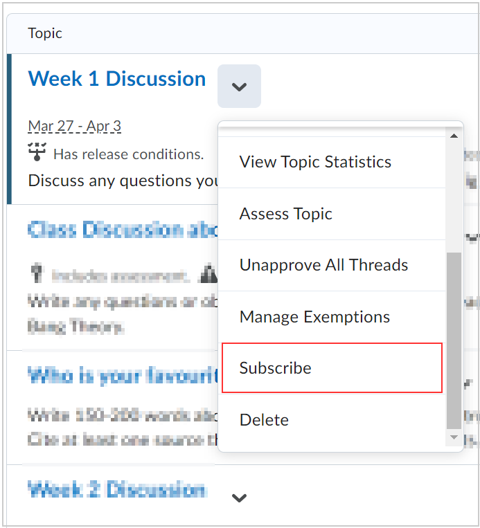 O menu Ações de um tópico de discussão mostrando a opção Inscrever-se.