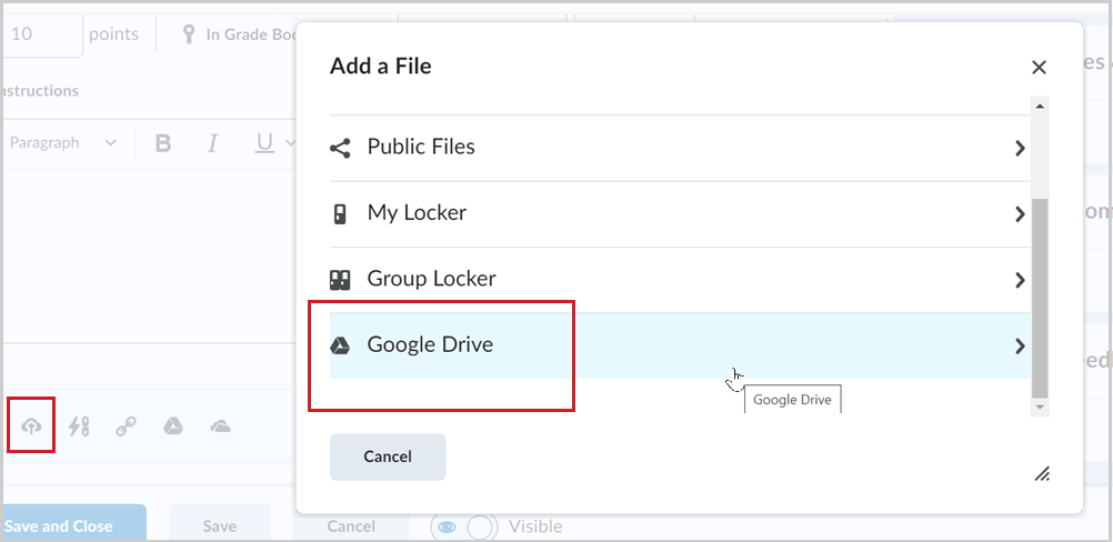 In the Add a File window, the Google Drive option is selected